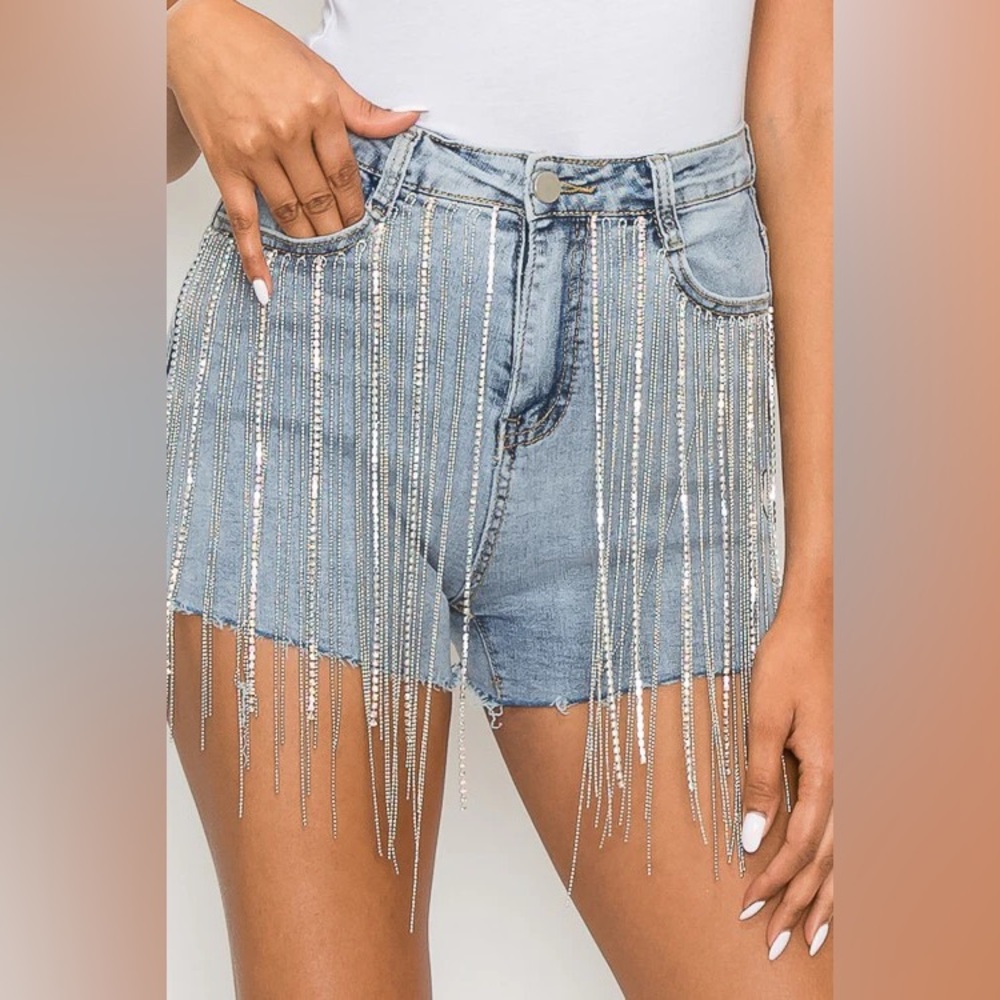 Rhinestone Fringe Denim Shorts